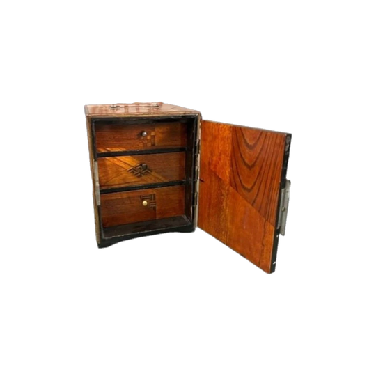 Antique Japanese Meiji Period Jewellery Box (Table Box) – Geometric Parquetry with Mixed Woods, 'Shibiana' Inlaid Door, Silver-Plated Hardware