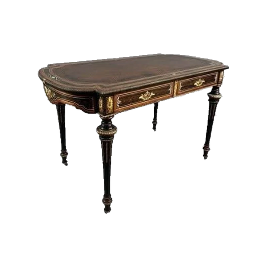 Antique French Louis XVI Style Writing Table / Desk, Last Quarter 19th Century, Coromandel Parquetry, Gold-Tooled Leather, Gilt Bronze Mounts