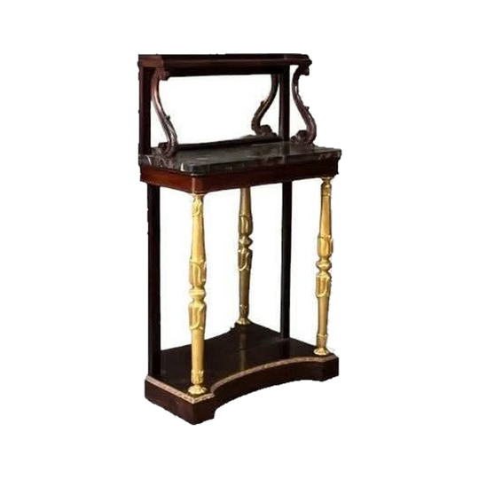 English Regency Rosewood Console Table with Italian Portofino Marble Top, Gilt Carving and Original Mirrored Pier Glass, 1811–1820