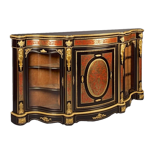 English Victorian Boulle Marquetry Serpentine Credenza / Display Cabinet with Ormolu Mounts, Late 19th Century