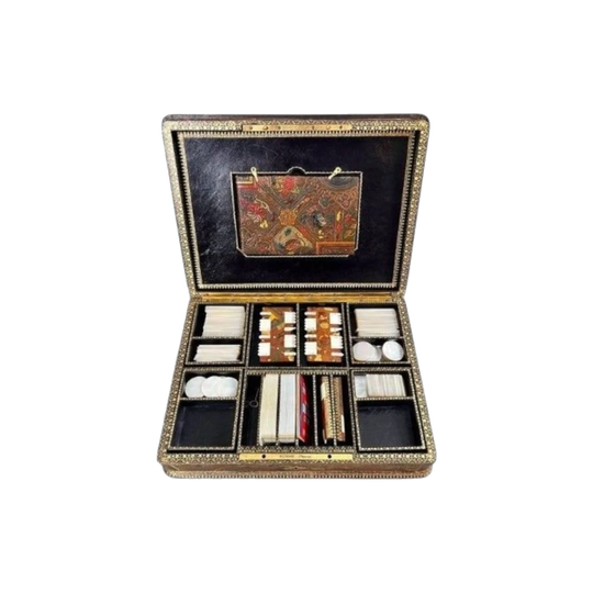 Antique French Napoleon III Leather-Bound Card Games Box in the Oriental Taste, Gilt-Tooled, Susse Paris Lock
