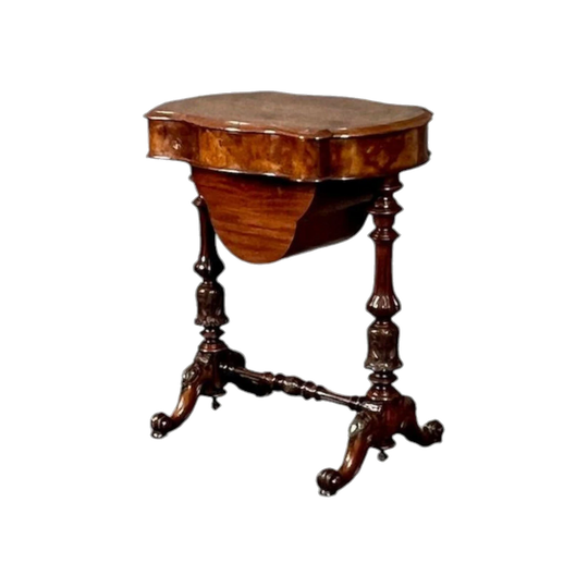 Antique English Mid-Victorian Inlaid Walnut Serpentine Sewing / Work Table with Fitted Satinwood Interior, c.1850