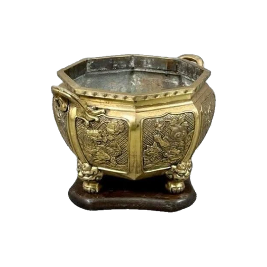 Japanese Meiji Period Octagonal Cast Bronze Censer / Jardiniere on Timber Base, 19th Century