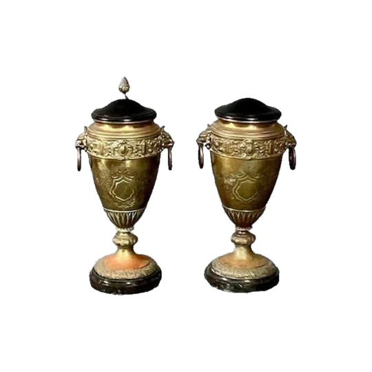 Pair of Antique Classical Brass Urns with Lion Head Ring Handles, Ebonised Timber Lids and Black Marble Bases – Lamp Conversion Ready