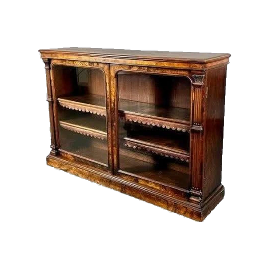 Antique English Victorian Walnut Bookcase / Side Cabinet with Glazed Doors by Vockins of London