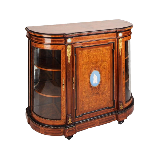 English Victorian Walnut & Amboyna Credenza / Side Cabinet with Wedgewood Plaques and Ormolu Mounts, Third Quarter 19th Century