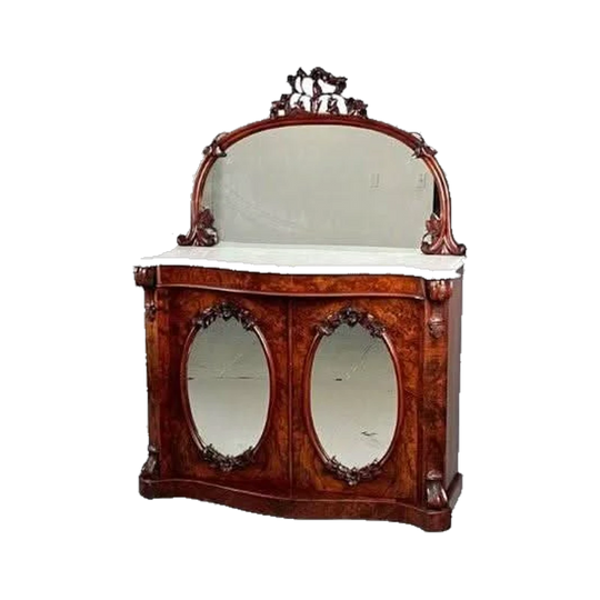 Antique English Victorian Period Walnut Mirror-Back Credenza with Carrara Marble Top