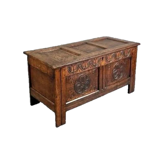 Antique English William III / Queen Anne Oak Panelled and Carved Lidded Coffer, c. 1700