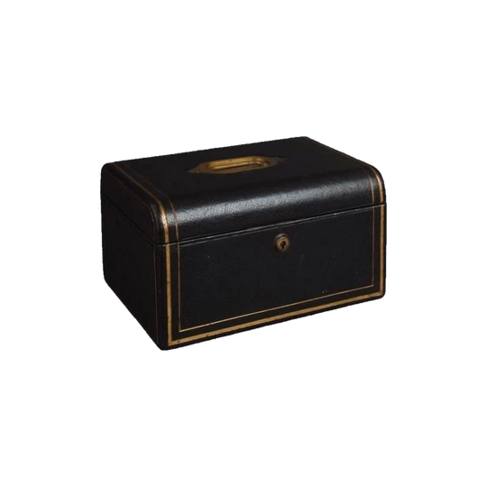 Antique English Late Victorian Black Leather-Bound Jewellery Box with Bramah Lock