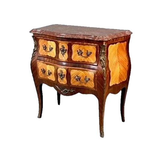 French Louis XV-Style Bombe Commode with Marquetry and Pink-Red Marble Top, c. 1920s