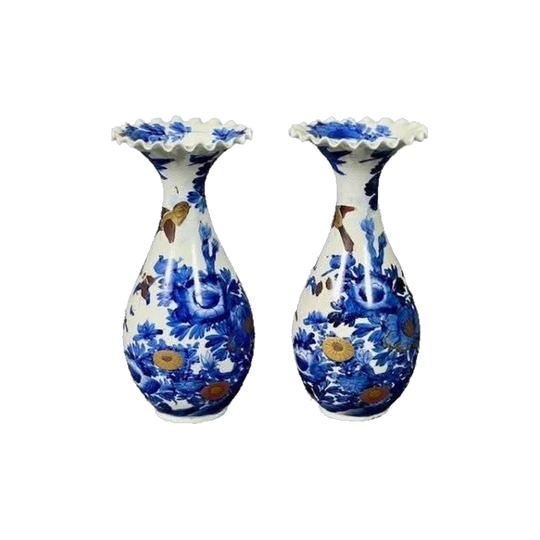 Pair of Antique Japanese Blue and White Vases with Polychrome Birds, Flowers and Butterflies, Late Meiji Period (1868–1912)