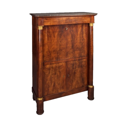 Antique French Mahogany Secrétaire à Abattant in the Empire Manner, 19th Century, Grey Marble Top, Gilt-Bronze Mounts