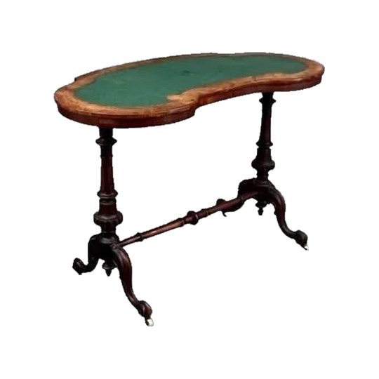 Antique English Victorian Walnut Inlaid & Marquetry Writing Table with Green Leather, c. 1865