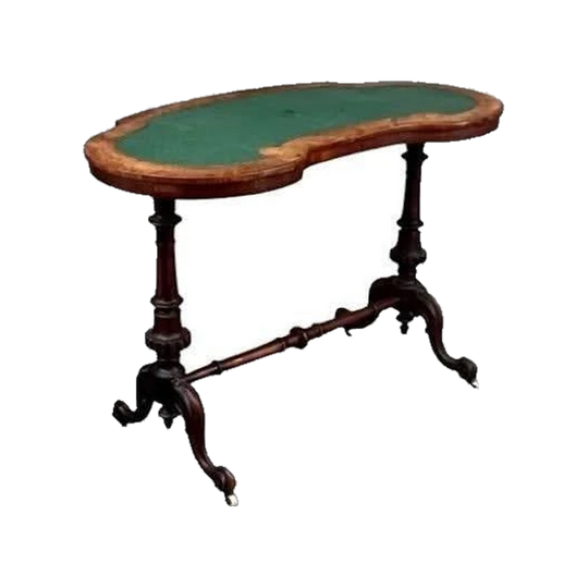 Antique English Victorian Walnut Inlaid & Marquetry Writing Table with Green Leather, c. 1865