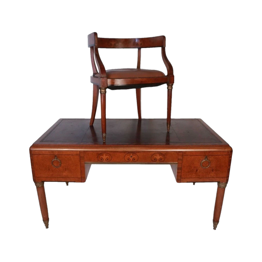 French 1930s Art Deco Writing Desk and Original Chair, Amboyna Finish with Brass and Ebony Inlay, Empire Influence, Double-Sided; Optional Matching Glazed Cabinet