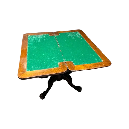 Antique English Victorian Inlaid Walnut Swivel-Top Fold-Over Card & Games Table, Late 1860s