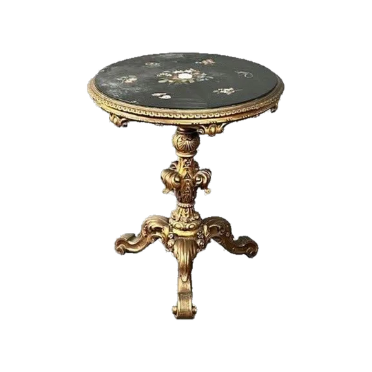 Mid-19th Century Italian Pietra Dura Circular Slate-Top Table with Carved and Gilded Rococo Base