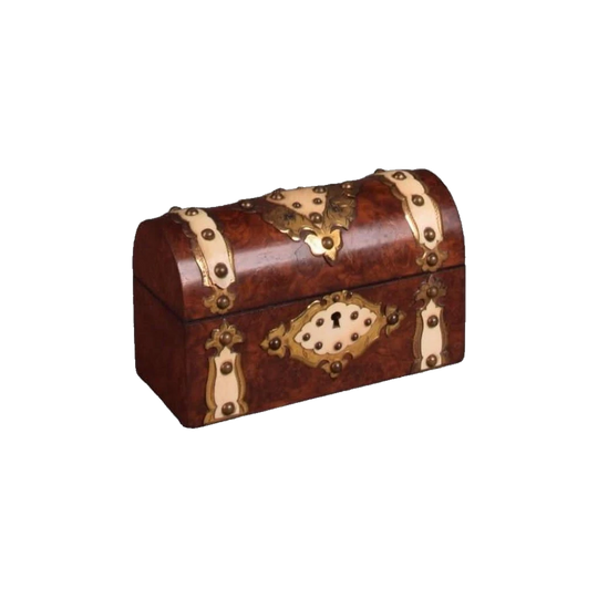 Antique English Victorian Walnut Burl Perfume Box with Ivory Panels and Brass Mounts, with Three Glass Bottles and Key