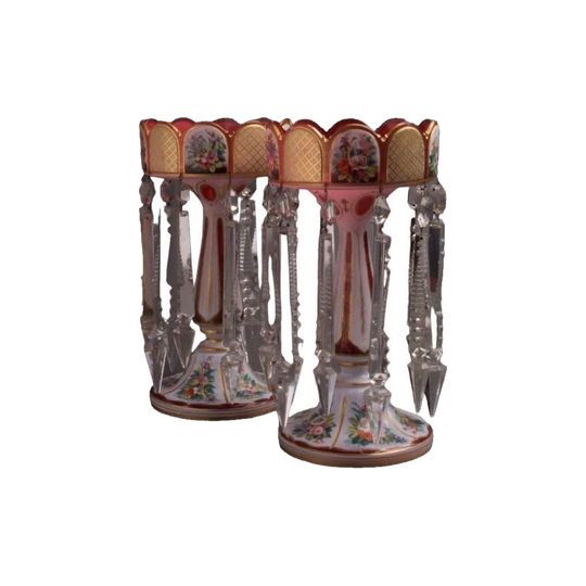 Antique Victorian Czech Cranberry Cased Glass Lustre Vases with Prisms, Probably Moser (Pair)