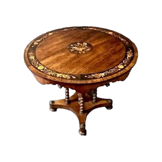 English Victorian Inlaid Rosewood Circular Centre/Occasional Table with Barley Twist Base, Mid-19th Century
