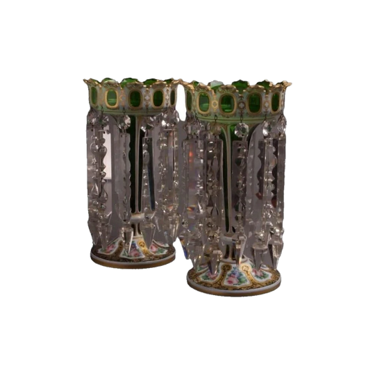 Pair of Mid-19th Century Moser Czech Victorian Green Cased Glass Lustre Vases with White Overlay and Hand-Cut Crystal Prisms