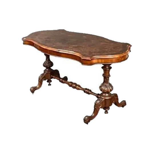 Antique English Victorian Inlaid Walnut Burl Serpentine Side Table, c. 1870s