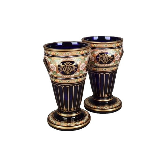 Antique Pair of 19th-Century Czech Moser Blue Glass Vases, Gilt and Enamelled