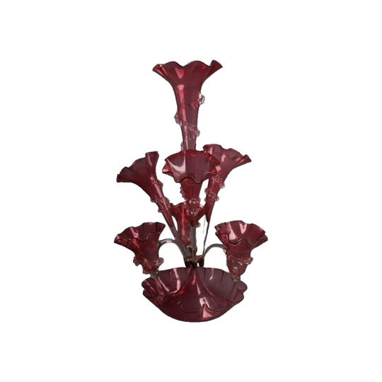 Antique English Victorian Cranberry Glass Epergne, 19th Century, with Original Float Bowl