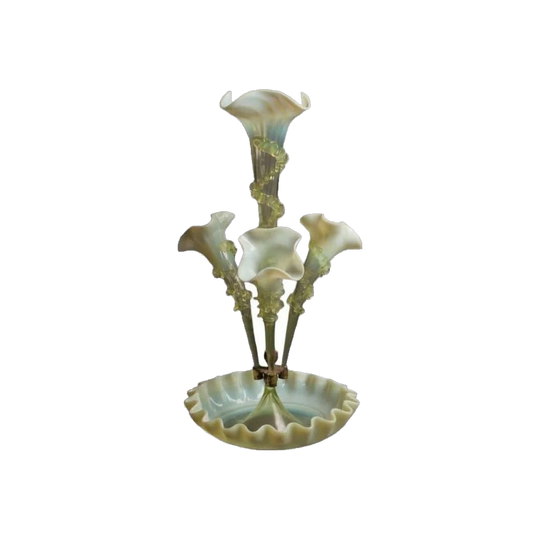 Antique English Victorian Uranium (Vaseline) Glass Four-Trumpet Epergne with Original Float Bowl