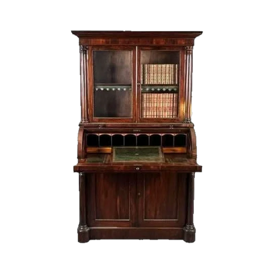 William IV English Brazilian Rosewood Bookcase with Cylinder-Top Secretaire Desk, 1830–1837