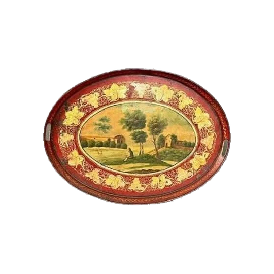 Antique French 19th Century Painted and Gilt Toleware Oval Serving Tray – Red with Rural Scene and Gilt Grape Border