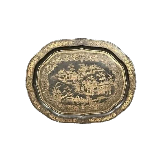 Antique Chinese Export Black Lacquer Timber Tray with Gilt Village Scene and Floral Border, 71 x 59 cm