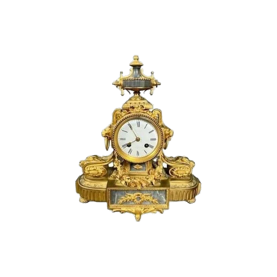 Antique French Late 19th-Century Rococo Revival Fire-Gilded Bronze and Grey Marble Three-Piece Clock Garniture