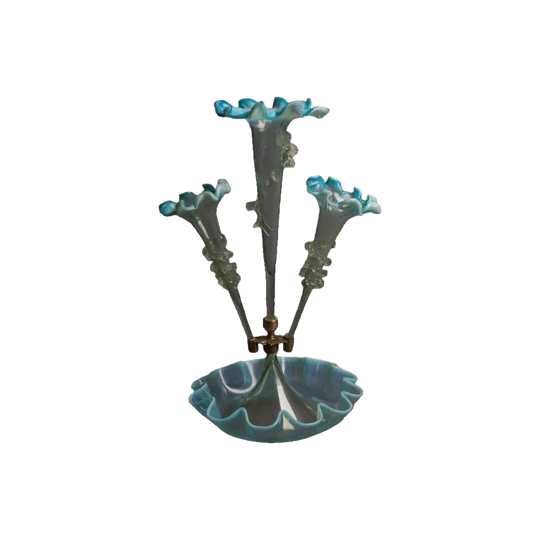 Antique English Victorian Epergne, Blue Vaseline/Uranium Glass, 19th Century