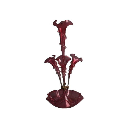 Antique English Victorian Cranberry Glass Epergne with Float Bowl and Lobed Tripod Trumpets