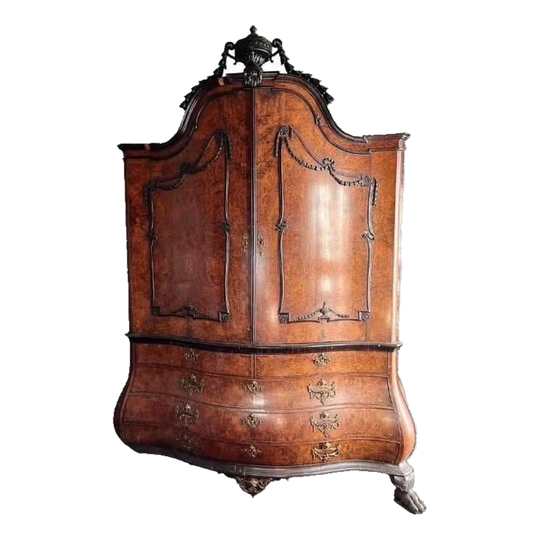Mid-19th Century Dutch Rococo Walnut Burl Cabinet on Chest (Armoire / Bookcase)