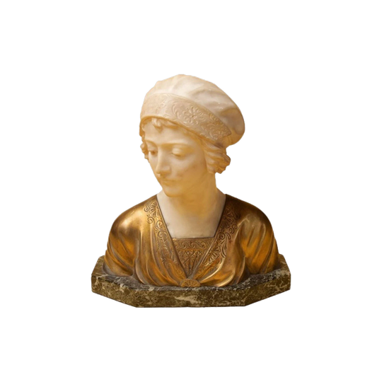 Antique Italian Alabaster and Gilt Bronze Bust of Juliette Recamier on Green Marble Base, Signed Castellucci Rossi, Later 19th Century