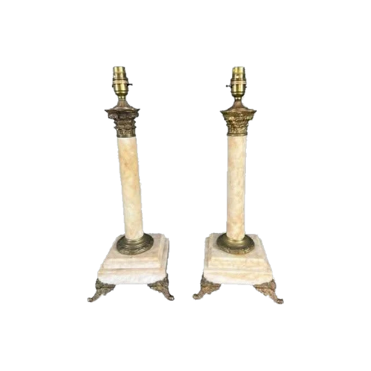Early 20th-Century Italian/French Alabaster and Brass Table Lamps, Pair — Corinthian Capitals