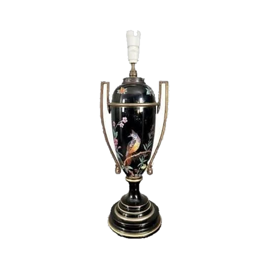 Antique 19th-Century French Painted Urn-Form Vase Electric Lamp with Gilt-Bronze Handles (1920s–30s Conversion)
