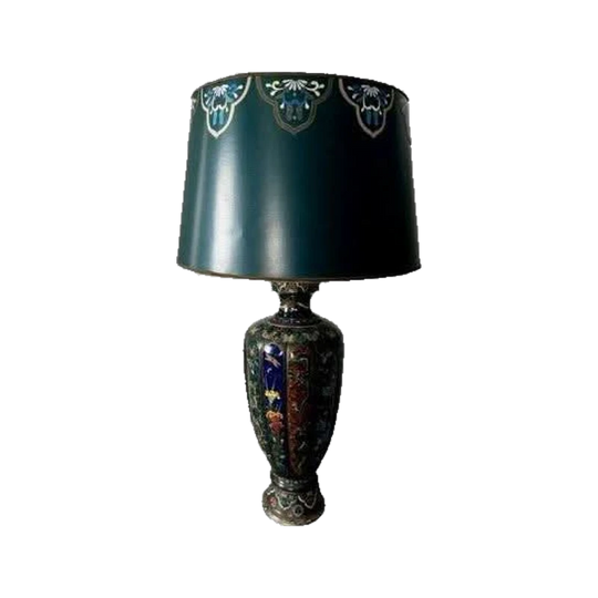 Antique Japanese Meiji Period Lobed Cloisonné Vase Lamp with Hand-Painted Shade, 1868–1912