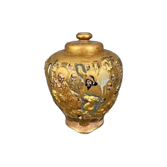 Meiji Period Japanese Kyoto Satsuma Lidded Vase with Shimazu Crest, Immortals and Gilded Dragon, Late 19th Century, 33 cm