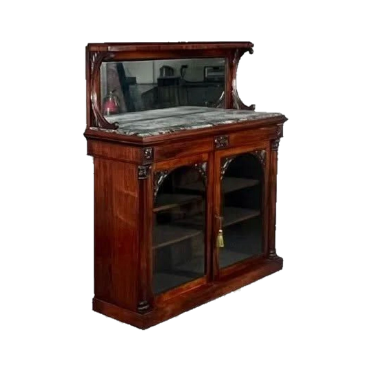 Antique English Rosewood Chiffonier Sideboard with Mirror Back and Marble Top, Late George IV / William IV, c.1830