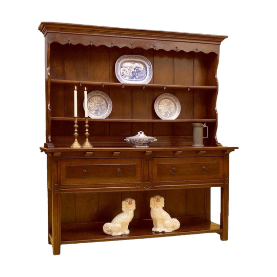 Antique French 19th-Century Provincial Solid Oak Two-Part Dresser with Plate Rack