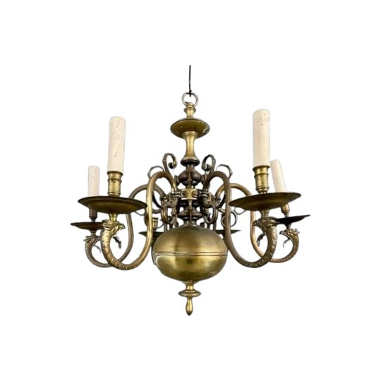 Antique Dutch 18th-Century Style Brass Six-Branch Chandelier (Very Heavy)