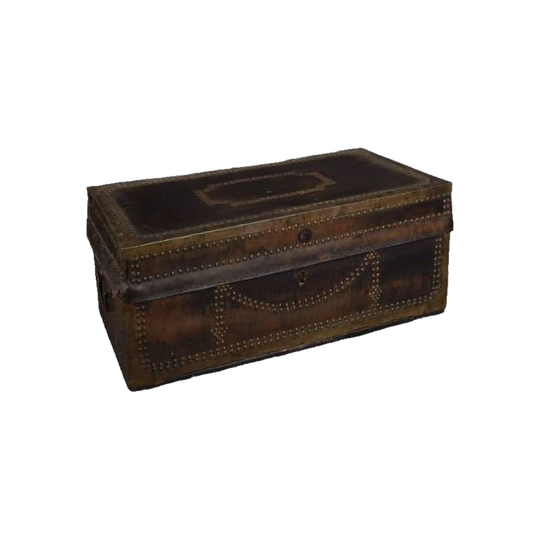 Early 19th-Century Chinese Export Ware Camphor Wood Box with Leather Cover and Brass Bindings