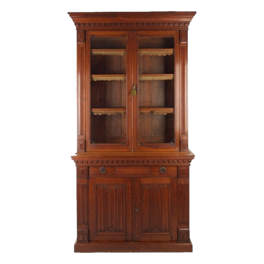 Antique English Victorian Solid Oak Two-Height Bookcase / Display Cabinet, Renaissance Gothic Revival, Late 19th Century
