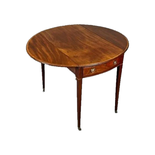 Antique English George III Oval Drop-Side Pembroke Table, Later 1700s, Mahogany with Brass Castors