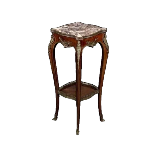 Antique French Louis XV-Style Tabourette, Second Half 19th Century, Serpentine Marble Top, Gilt Brass Mounts, Solid French Walnut