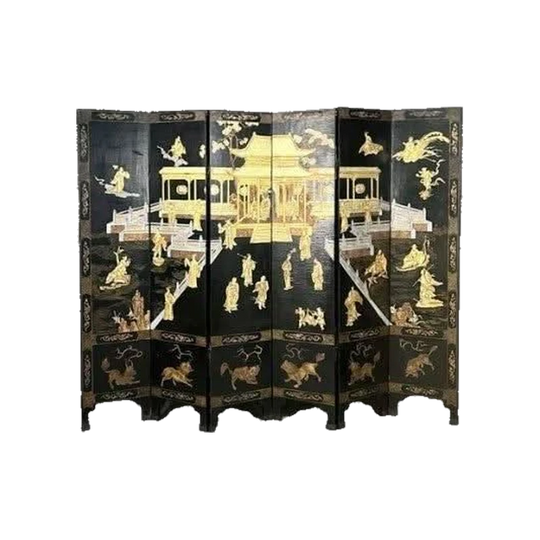 Antique/Vintage Chinese Six-Panel Ebonised Lacquer Screen with Gold and Silver Leaf Decoration (Room Divider)