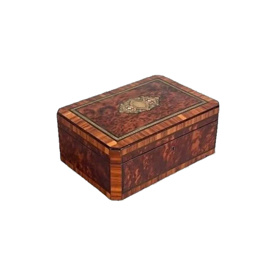 Antique French Amboyna Jewellery / Trinket Box, Late 19th Century, Brass, Ebony, Kingwood & Mother-of-Pearl Inlay